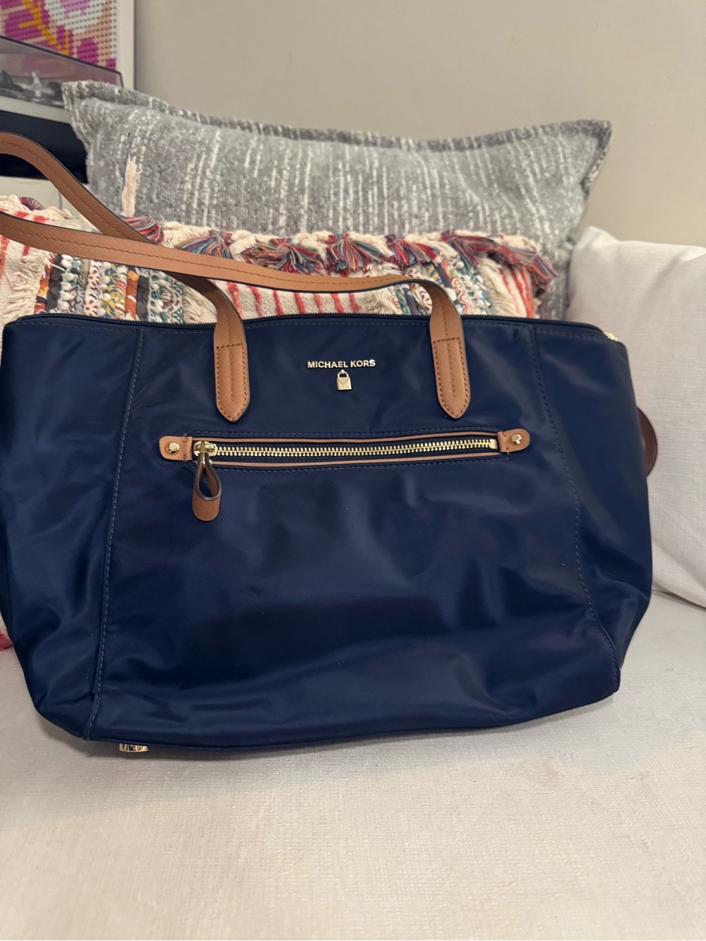 Michael Kors Navy Tote with Tan Leather Handles and Gold Hardware